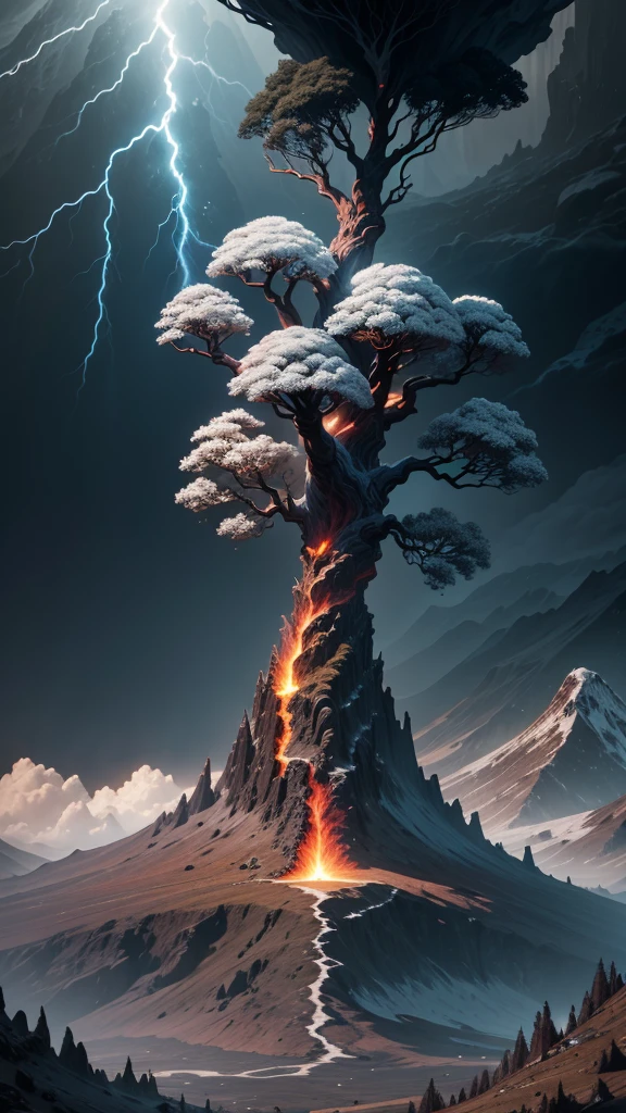 Igdrasil World Tree，To your left is the volcanic and magma，To your right are glaciers and blizzards，The sky is filled with dark clouds and lightning，Uma luz dourada penetrou nas nuvens e brilhou em seu tronco