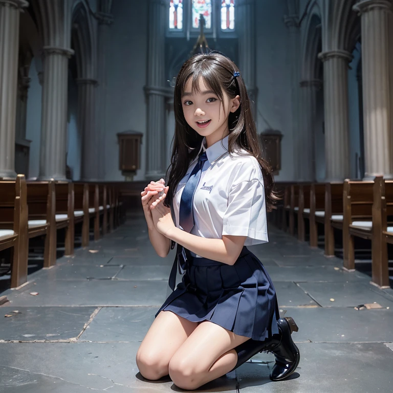 ((Full Body Ebione))、((side shot))、((small 、Breasts are small and flat))、  ((A white shirt with short sleeves、Dark blue super mini pleated skirt)), ((Red Tie))、 ((black boots))、((Kneeling in prayer posture in church、Hands together))、((１personally))、((In the background is the interior of an abandoned Gothic church..))、((high nose))、((Delicate body))、((vertical upper body))、((Clean、​Masterpiece、professional artwork、famous artwork))、((Perfect girly body))、((Beautiful pre-adolescent girl)),((cute face))、 Very light on skin ,semi long hair, curls , brown hair,Japanese、 lifelike, direct lighting, Volumetric light, Super detailed, best quality, ultra high resolution, north african trade zone, 8K masterpiece, best quality, ((8 year old、teenage girl)),((big eyes))、、original photo, absurd, ((带着Smile的眼睛、Smile)), ((open mouth)),