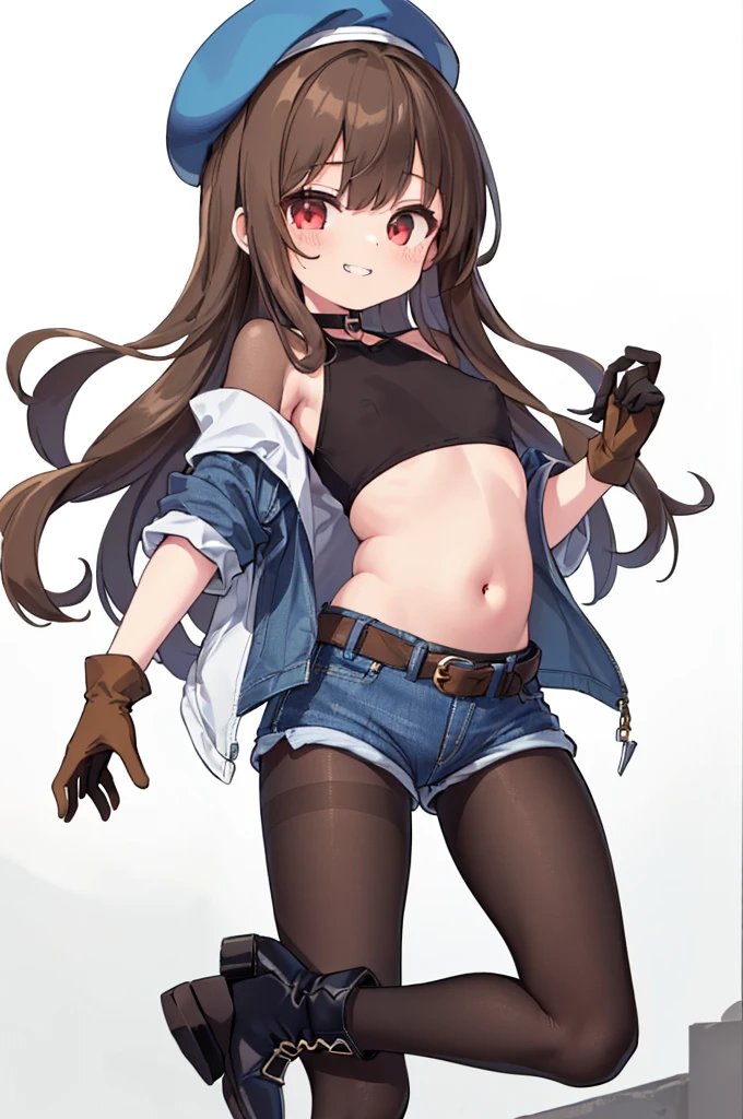 highest quality, extremely detailed, muste piece, 
(1 baby girl(full body figure):1.4), (small curvaceous loli(10 talents):1.3), (front facing pose), [belly fat:1.4], [muscular:1.4], (smirk1.1), (show teeth), 
(brown pantyhose(pantyhose up to navel):1.6), (Deep-rise folded denim shorts:1.3), (Beautiful folded shorts:1.3), 
(high neck innerwear(tight):1.6), (high neck innerwear(expose one&#39;s stomach:1.5)), (high neck innerwear(パンストand離れた:1.6)), 
(short sleeve jacketを着る:1.3), (short sleeve jacket(roll up sleeves):1.4), (mid blue long hair:1.5), (red eyes(Twinkling Eyes):1.3), (Slender stomach:1.4), cute legs, (puffy nipple:1.4), (small tits:1.4), 
(Long brown gloves that reach above the elbow:1.5)and(thimble rider gloves:1.2), (Simple belt-shaped black choker:1.3), (blue beret), 
(Cool boots that reach up to the calf:1.3),Serra, 