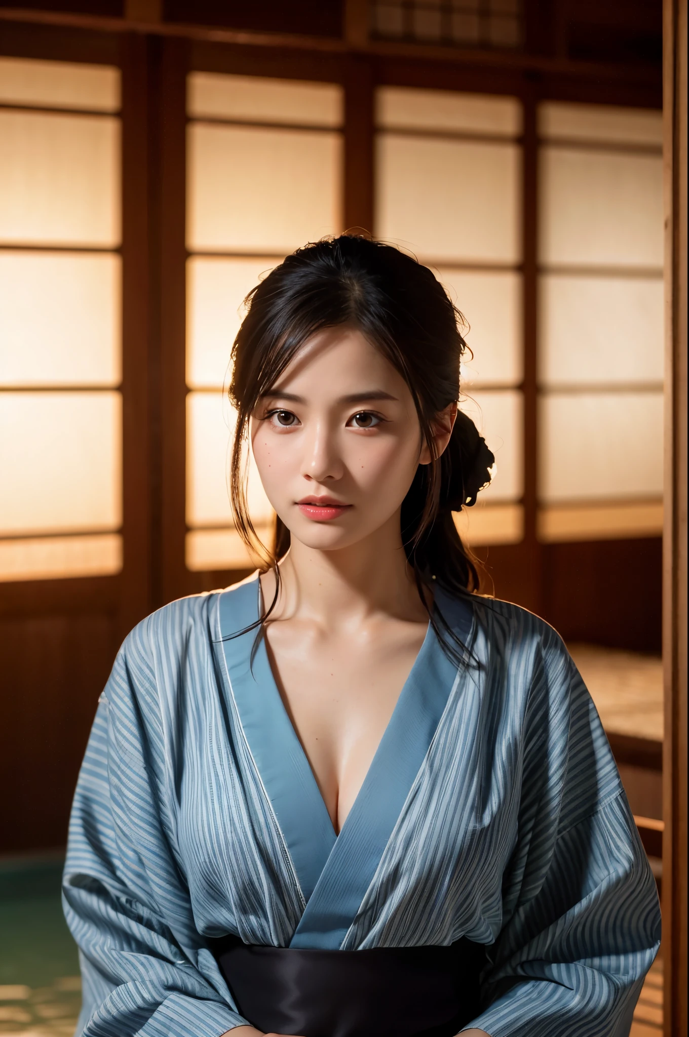 Highly detailed CG Unity 8k wallpaper, highest quality, masterpiece, (Realistic, photorealistic:1.4), ultra high res, (A beautiful Japanese Mature Woman in a Yukata with Monotone vertical stripes, solo), Inside a room in an old-fashioned Japanese onsen ryokan, medium shot, Perfect feminine figure, Fascinating milf, Amazing beautiful face, bewitching Goddess, parted lips, glossy sweaty skin, cinematic composition, professional moody lighting and shading, ((extremely detailed eyes and face, eyes with beautiful details, insanely detailed beautiful realistic skin texture)), (correct body balance, accurate hands, accurate eyes)