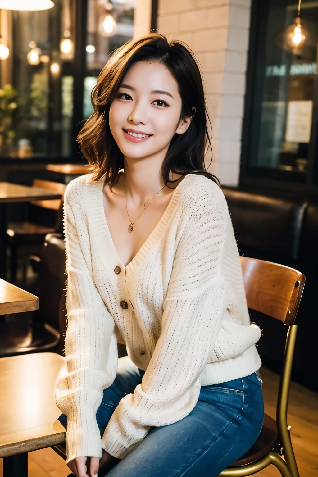 Photorealistic, high-quality 32k photo of a beautiful Japanese girl in a casual, chic outfit, with detailed eyes and a charming smile, seated at a cozy café. She’s wearing a stylish sweater and jeans, with ankle boots and a simple necklace, her hair styled in a soft wave. The image captures her in a warm, inviting café setting, with a focus on her relaxed posture and the ambient light highlighting her face