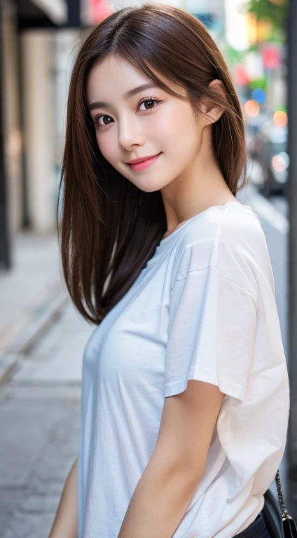 (highest quality,8K quality,masterpiece:1.3,),(Super high resolution:1.3,Photoreal:1.4,Raw photo:1.2),(super detailed:1.2,shiny skin,fine skin:1.1),(detailed face,perfect anatomy,caustics),1 girl,cute,Japanese,22 years old,japanese id,natural brown hair,shoulder length hair,cute目,natural makeup,oversize tshirt,laughter,look at the camera,up on the face,face focus,street corner,professional writing,natural soft light,