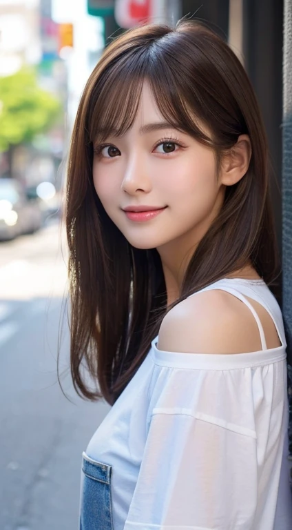 (highest quality,8K quality,masterpiece:1.3,),(Super high resolution:1.3,Photoreal:1.4,Raw photo:1.2),(super detailed:1.2,shiny skin,fine skin:1.1),(detailed face,perfect anatomy,caustics),1 girl,cute,Japanese,22 years old,japanese id,natural brown hair,shoulder length hair,cute目,natural makeup,oversize tshirt,laughter,look at the camera,up on the face,face focus,street corner,professional writing,natural soft light,