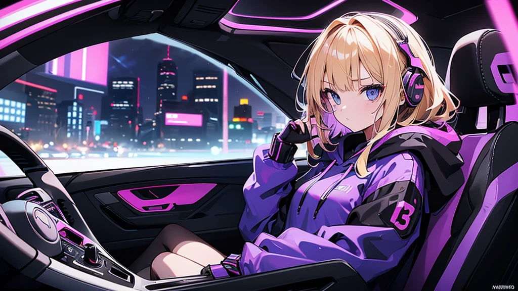 (1 girl, blonde hair, blue eyes, black hoodie, sitting in the driver's seat of a sports car), (purple cyberpunk, city, purple neon)