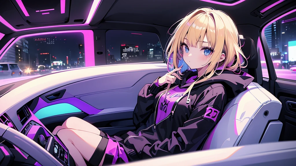 (1 girl, blonde hair, blue eyes, black hoodie, sitting in the driver's seat of a sports car), (purple cyberpunk, city, purple neon)
