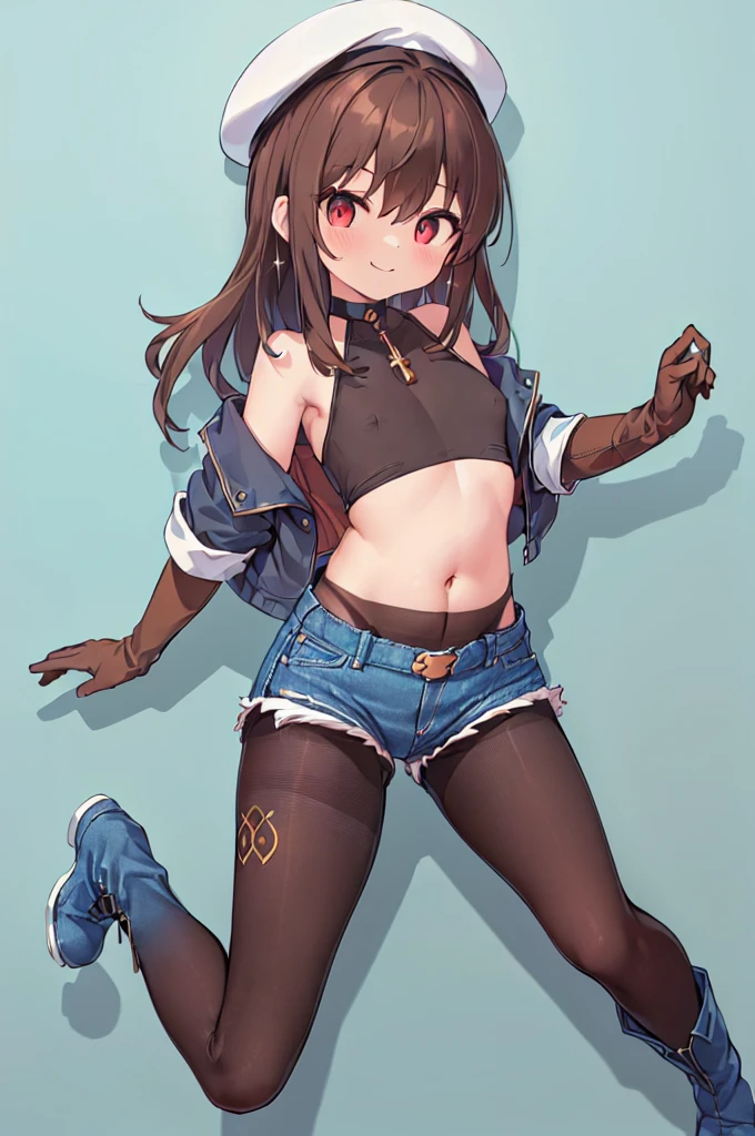 highest quality, extremely detailed, muste piece, 
(1 baby girl(full body figure):1.4), (small curvaceous loli(10 talents):1.3), (front facing pose), [belly fat:1.4], [muscular:1.4], (smirk1.1), (show teeth), 
(brown pantyhose(pantyhose up to navel):1.6), (Deep-rise folded denim shorts:1.3), (Beautiful folded shorts:1.3), 
(high neck innerwear(tight):1.6), (high neck innerwear(expose one&#39;s stomach:1.5)), (high neck innerwear(パンストand離れた:1.6)), 
(short sleeve jacketを着る:1.3), (short sleeve jacket(roll up sleeves):1.4), (mid blue long hair:1.5), (red eyes(Twinkling Eyes):1.3), (Slender stomach:1.4), cute legs, (puffy nipple:1.4), (small tits:1.4), 
(Long brown gloves that reach above the elbow:1.5)and(thimble rider gloves:1.2), (Simple belt-shaped black choker:1.3), (blue beret), 
(Cool boots that reach up to the calf:1.3),Serra, 