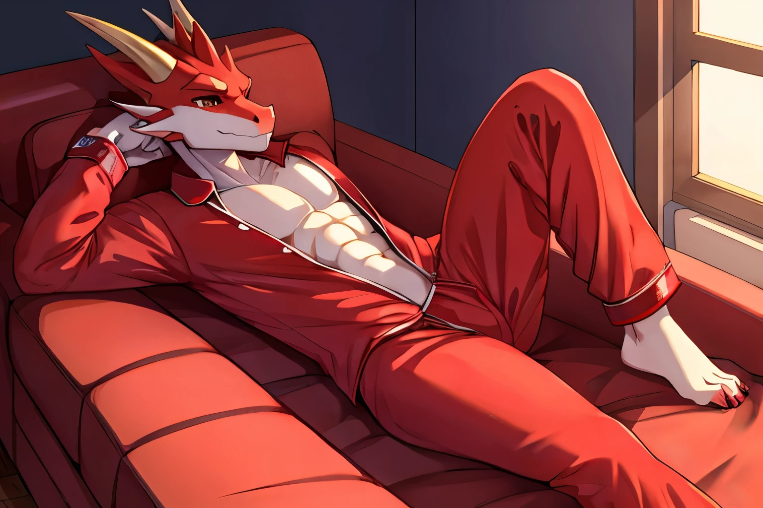 ,thin,Red, male , dragon , laying on a couch ,in feminine sexy pajamas