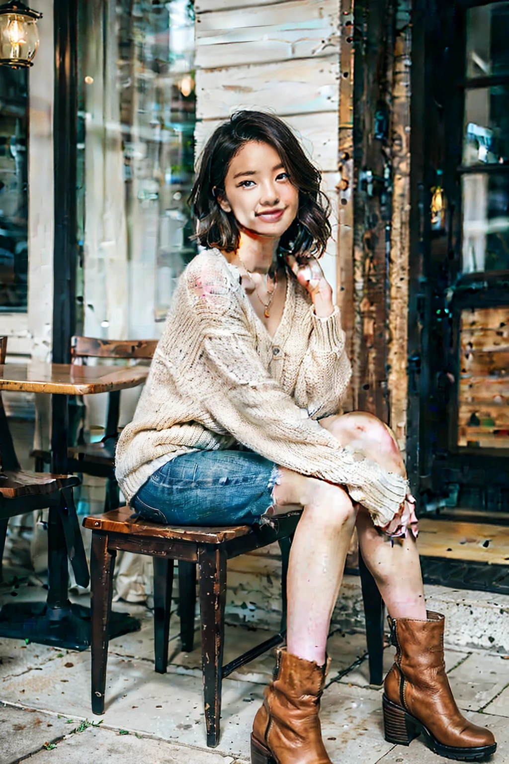 Photorealistic, high-quality 32k photo of a beautiful Japanese girl in a casual, chic outfit, with detailed eyes and a charming smile, seated at a cozy café. She’s wearing a stylish sweater and jeans, with ankle boots and a simple necklace, her hair styled in a soft wave. The image captures her in a warm, inviting café setting, with a focus on her relaxed posture and the ambient light highlighting her face