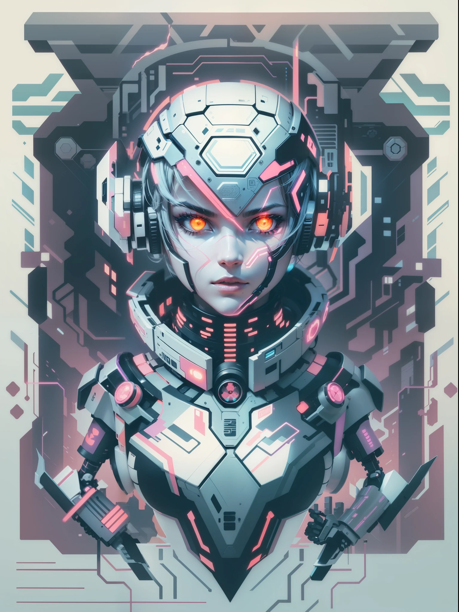 graphic design t-shirt, flat design, futuristic cyberpunk robot in mix of tones, topless,, sexy body, topless, flashing , big , metal skin,metal nipples, laser beams, purple emissive eyes, colorful tones, clean highly detailed, vector image, smoke explosion, simple background, flat white background, bright vector ((white background) )
