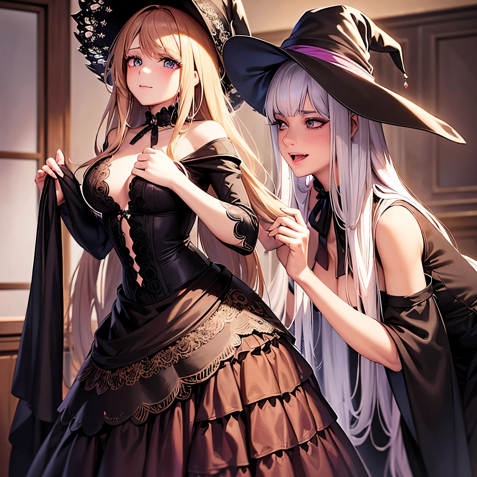 best quality,ultra-detailed,realistic,photorealistic,pink-eyed,long-haired girl looks happy,beautiful detailed eyes,beautiful detailed lips,long eyelashes,best quality portrait painting,detailed,physically-based rendering,ultra-fine painting,fine details,painting,a age boy has been magically transformed into a cute witch girl,gender bending,witches are helping dressing up the new girl,girl happily getting dressed in a stunning black victorian dress, physically-based rendering,gorgeous dress design,flowing gown,elaborate lace details,rich textures,contrast stitching,delicate ribbon bows,floral accents,full skirt,high neckline,long sleeves,fitted waistline,flared cuffs,lace-up back,luxurious fabrics,flawless silhouette,high heels, pink-eyed girl,effeminate face,pointy hat,long black hair,witches assisting in dressing up the new girl,promptly helps the girl getting dressed in a stunning black Victorian dress, in a wooden cabin with old furniture and occult symbol, high resolution, 4K, 8K