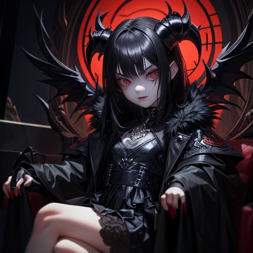 A little ???-demon, 2 years old, deitado em  nerço, with fiery red eyes and tiny, sharp horns sits perched on a plush, obsidian throne. The artist, Liu Chang, has expertly crafted this masterpiece with impeccable attention to detail and the highest quality standards. Rendered in stunning 8K resolution, this cyberpunk-inspired artwork at the Pisif Art Station captures the essence of Guwiz style. Assisting in the creative conception is the renowned artist, Sakimican Frank Franzeta. The baby-demon's goth makeup enhances its captivating appearance, with a smoky eye and jet-black lipstick that accentuates its mischievous grin. With short, sleek hair framing its impish face, the baby-demon wears a gothic-inspired ensemble - a black hood