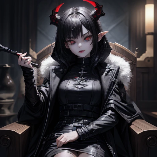 A -demon, 2 years old,em nerço, with fiery red eyes and tiny, sharp horns sits perched on a plush, obsidian throne. The artist, Liu Chang, has expertly crafted this masterpiece with impeccable attention to detail and the highest quality standards. Rendered in stunning 8K resolution, this cyberpunk-inspired artwork at the Pisif Art Station captures the essence of Guwiz style. Assisting in the creative conception is the renowned artist, Sakimican Frank Franzeta. The baby-demon's goth mp enhances its captivating appearance, with a smoky eye and jet-black lipstick that accentuates its mischievous grin. With short, sleek hair framing its impish face, the baby-demon wears a gothnspired ensemble - a black hood