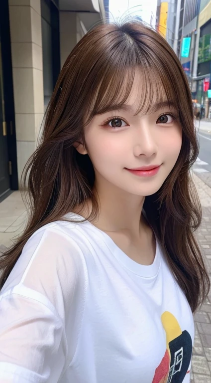 (highest quality,8K quality,masterpiece:1.3,),(Super high resolution:1.3,Photoreal:1.4,Raw photo:1.2),(super detailed:1.2,shiny skin,fine skin:1.1),(detailed face,perfect anatomy,caustics),1 girl,cute,Japanese,22 years old,japanese id,natural brown hair,shoulder length hair,cute目,natural makeup,oversize tshirt,laughter,look at the camera,up on the face,face focus,street corner,professional writing,natural soft light,front,Selfie style