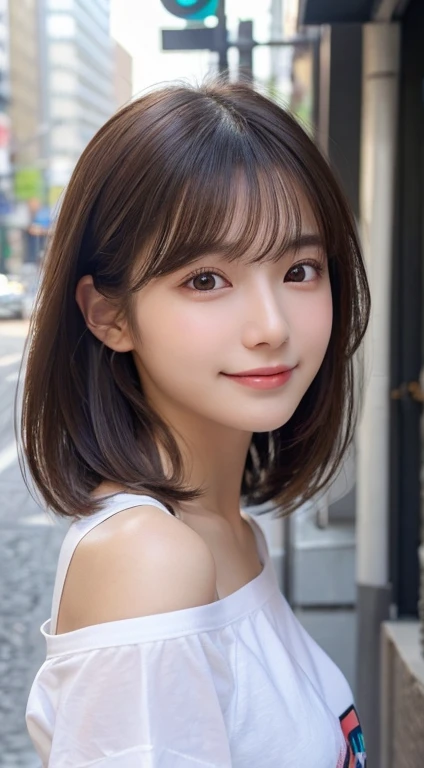 (highest quality,8K quality,masterpiece:1.3,),(Super high resolution:1.3,Photoreal:1.4,Raw photo:1.2),(super detailed:1.2,shiny skin,fine skin:1.1),(detailed face,perfect anatomy,caustics),1 girl,cute,Japanese,22 years old,japanese id,natural brown hair,shoulder length hair,cute目,natural makeup,oversize tshirt,laughter,look at the camera,up on the face,face focus,street corner,professional writing,natural soft light,front,Selfie style