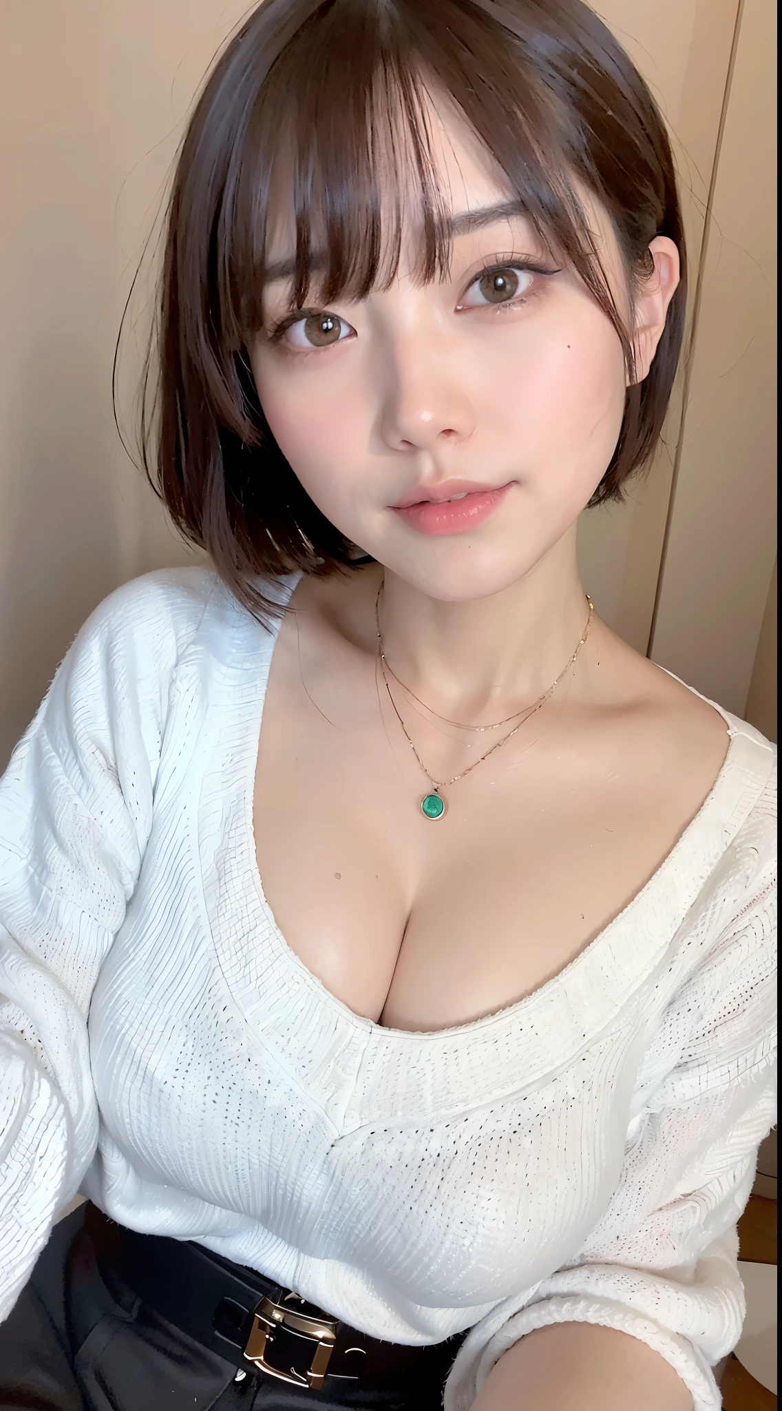 (highest quality、8K、32K、masterpiece、nffsw:1.2)、photo of cute japanese woman、big breasts:1.4、very short bobbed hair、Upper body、surface focus、extra large size_sweater、necklace、simple background、From above、looking at the viewer、cleavage:1.5、balanced body