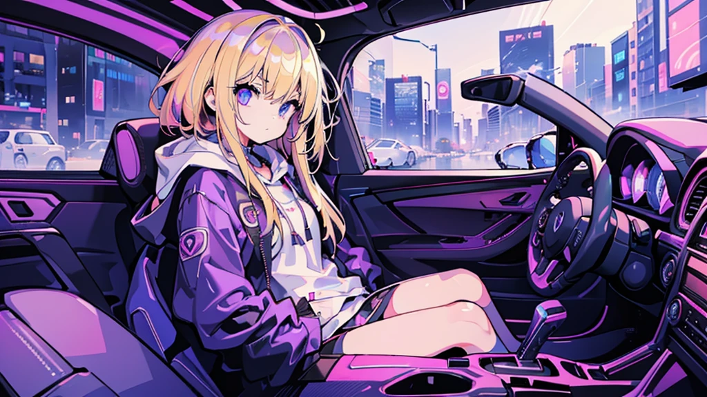 (1 girl, blonde hair, blue eyes, black hoodie, sitting in the driver's seat of a sports car, kawaii), (purple cyberpunk, city, purple neon)