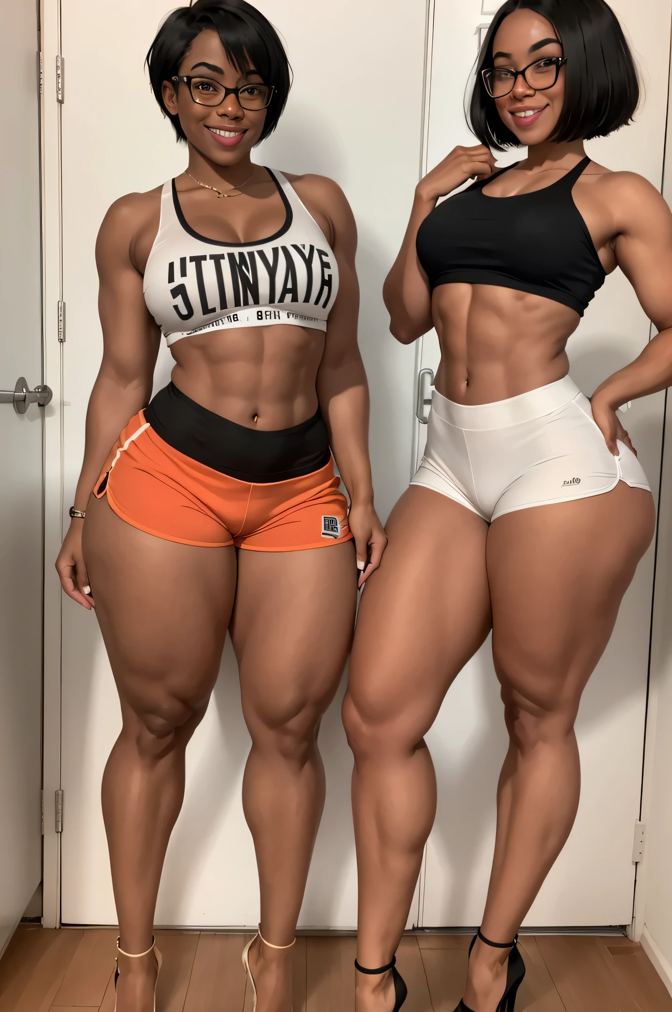 20's year old, fit, african american woman, wearing gym shorts, muscular thighs, full body shot, with heels, laughing, stood up straight, with short hair and glasses