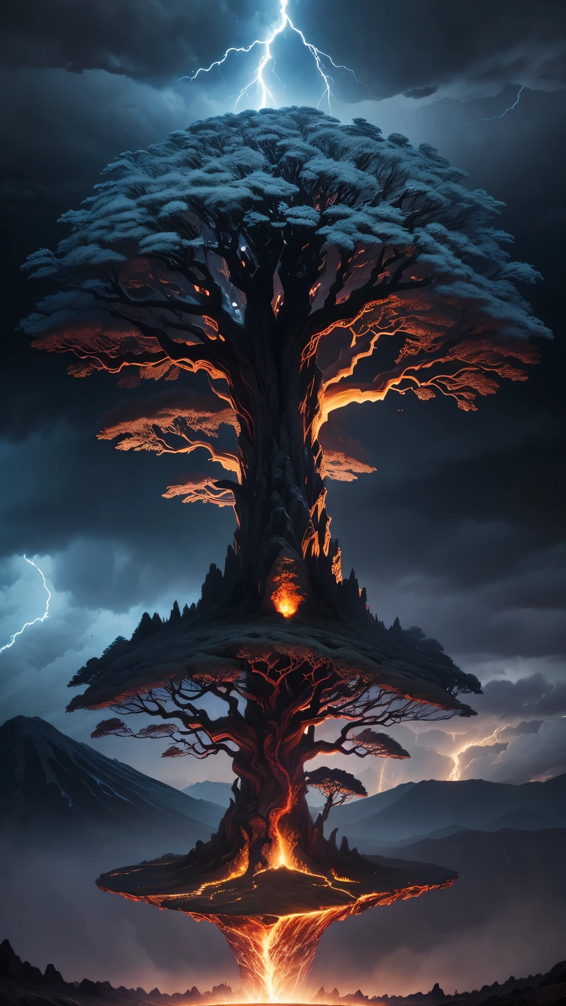 Igdrasil World Tree,To your left is the volcanic and magma,To your right are glaciers and blizzards,The sky is filled with dark clouds and lightning,Uma luz dourada penetrou nas nuvens e brilhou em seu tronco