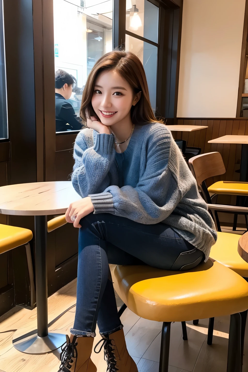 Photorealistic, high-quality 32k photo of a beautiful Japanese girl in a casual, chic outfit, with detailed eyes and a charming smile, seated at a cozy café. She’s wearing a stylish sweater and jeans, with ankle boots and a simple necklace, her hair styled in a soft wave. The image captures her in a warm, inviting café setting, with a focus on her relaxed posture and the ambient light highlighting her face