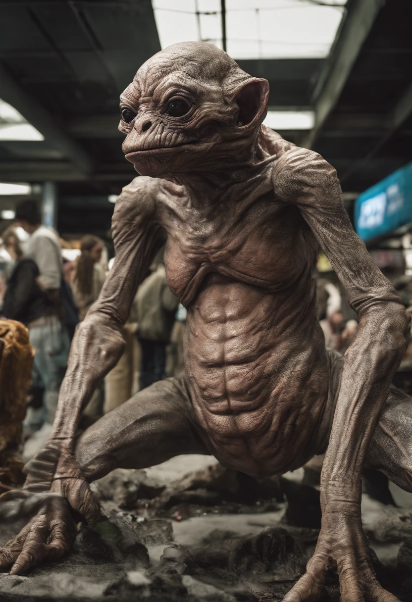 All sort of strange monster creatures by Hieronymus Bosch in avant-garde futuristic street market, Star Wars movie style, low angle, Horizontal view, cinematic composition, detailed concept, brutalist architecture, postprocessing, atmospheric, desaturated, uplight, architectural photo style, Instax Kodachrome photography