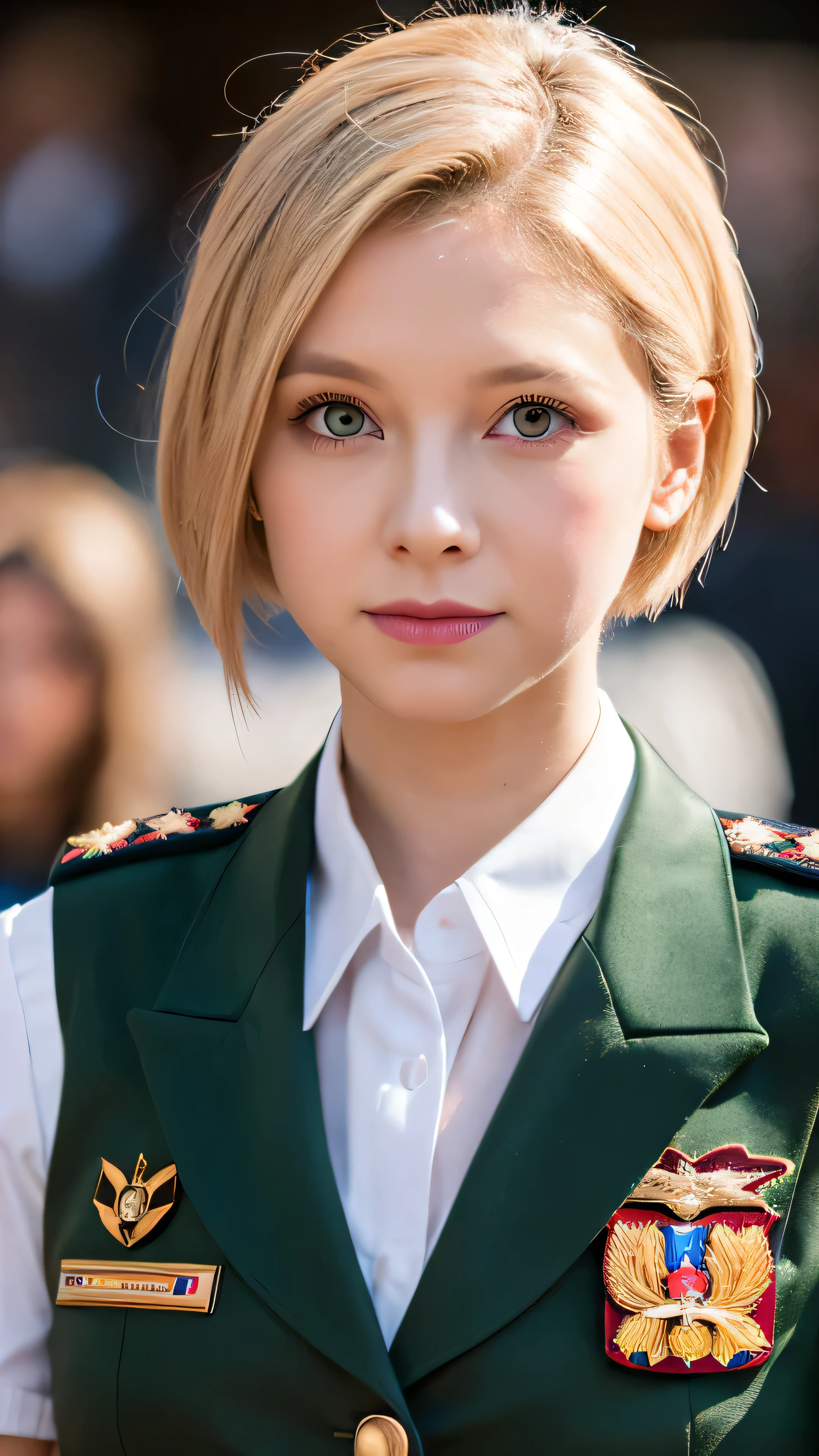 masterpiece , girl, on battlefield, ( Light White Shorthair:1.2), (red eyes:1.2), (Russian military uniform:1.2), (view audience:1.2) , (8K, 最high quality 1.2), Super detailed, 8K UHD, soft lighting, high quality, film grain, beautiful lighting, cinematic ,perfect body , best illumination, best shadow, sharpness, contrast, red glasses, messy hair, Tactical Vest, gloves, headset, Absurd high detail face
