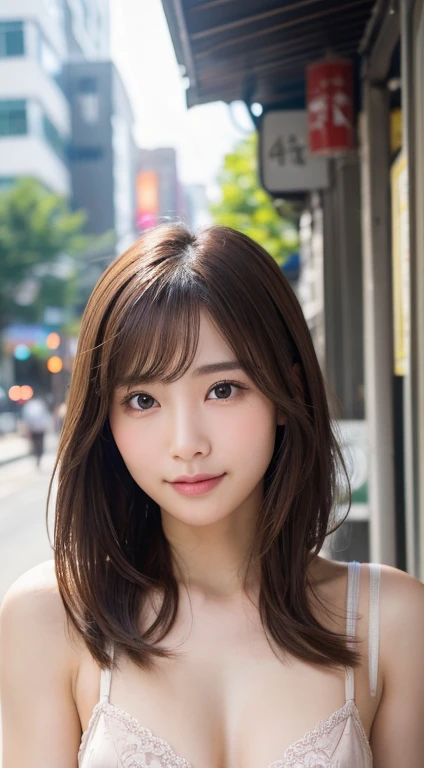 (highest quality,8K quality,masterpiece:1.3,),(Super high resolution:1.3,Photoreal:1.4,Raw photo:1.2),(super detailed:1.2,shiny skin,fine skin:1.1),(detailed face,perfect anatomy,caustics),1 girl,cute,Japanese,30 years old,japanese id,natural brown hair,shoulder length hair,cute目,natural makeup,underwear,laughter,look at the camera,up on the face,face focus,street corner,professional writing,natural soft light,front
