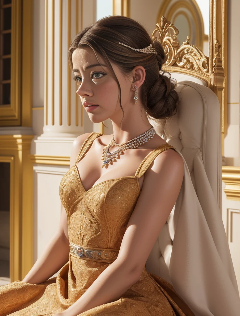 ((retrato, de CUERPO COMPLETO)),(Mejor calidad,4k,8k,high resolution,obra maestra:1.2),ultra detallado,(Realista,photoRealista,photo-Realista:1.37),(1 chica),(28years),(((AMBER HEARD:1.2))),(((excella_er5:1.2))),(Sharp focus:1.5),piel de perla,(poros de la piel:1.1),extremely detailed face and textura de la piel,(textura de la piel:1.1),pelo RUBIO,cuerpo alto y esbelto,(192 cm de altura),figura delgada y delicada,Postura elegante,Strong, defined muscles,Piel perfecta,abdominales definidos,curvas perfectas,apariencia femenina,Hermosas piernas largas,encarnando elegancia y belleza,pechos de escote,((Vistiendo un (ROJO) VESTIDO), (VESTIDO DE PRINCESA)),(VESTIDO LARGO CORTE PRINCESA CON ENCAJE), (VESTIDO ELEGANTE), (CUBIERTA HOMBROS DESCUBIERTOS COLA CORTE GASA ENCAJE),Colores vibrantes,extremely detailed and Realista clothes,(vistoso),(film grain:1.3),retrato,hermosos ojos detallados,hermosos labios detallados,corona con joyas,elegante collar con diamantes,cabello rizado que fluye,royal vestido with intricate patterns,peaceful expression,Soft lighting,colores sutiles,PALACIO REAL de fondo,ELEGANTE TRONO,SCORTS,suave brisa.