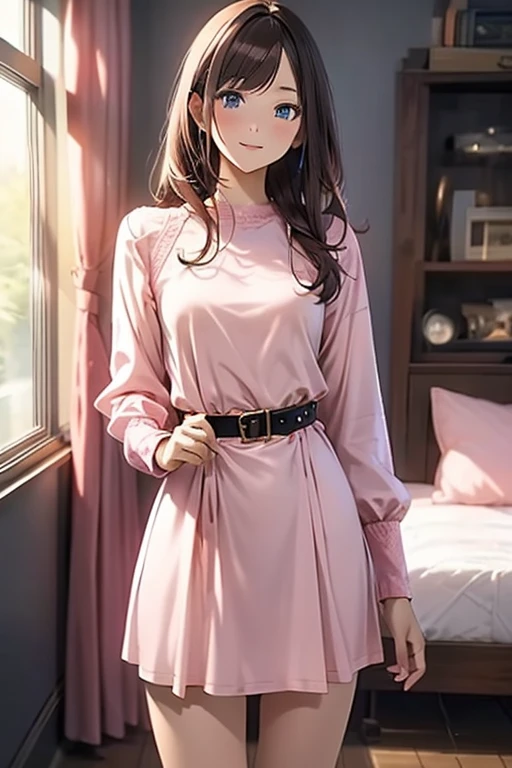 masterpiece++, best quality++, ultra-detailed+, extremely detailed++, 4K, 8K+, best quality, beautiful+, anime style,1person,full body image,room,pink girly pink mimi onepiece dress,leather belt,tight belt,beautiful straight brown hair,beautiful blue eyes, beautiful eyes++,long straight hair