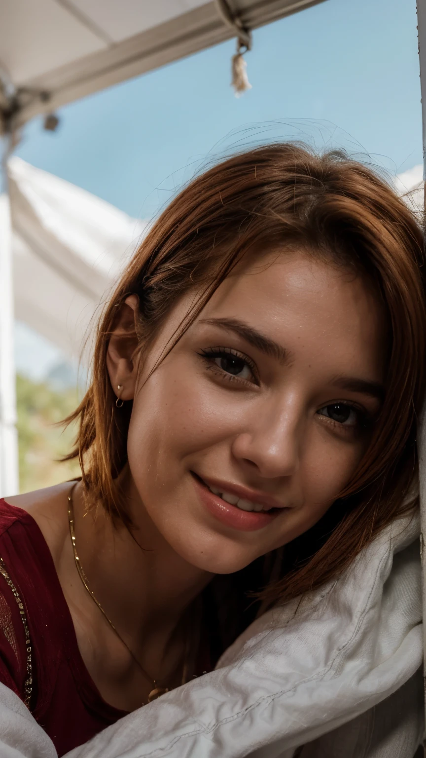8k,Russian girl,Russian traits,natural red hair,1girl, maxilar bonito, Alto detalhado, peitos perfeitos, high ilumination, realistic, 8k raw,rosto detalhado, Red hair, olhando para o espectador, jewelry, (franja) sardas (olhos azuis) cabelo curto, corpo inteiro, short hair style, short red hair style, detalhes,selfie da parte superior do corpo, feliz)), Tiroteio em uma tenda, bela luz de fundo, Sinal de abertura da tenda,obra de arte, melhor qualidade, ultra-detalhado, Sozinho, exteriores, (a noite), montanhas, natureza, (Estrela, a lua) alegre, feliz,, Aconchegante em um saco de dormir, dentro da tenda, When you open the tent, You can see some good riders outside.., madeiras, rock formations, rios, madeira, smoke, sombrio, contraste, clear sky, analog style (olhando para o espectador:1.2) (textura da pele) (Film grain:1.3), (tom quente, tom quente:1.2), fechar-se, cinematic light, side lighting, Os ultra-Highres, Melhores sombras, wearing pullover, Relaxed and intimate photos, (Uma grande variedade de modas) um pouco distante do espectador, sorriso, rosto detalhado, acampamento,