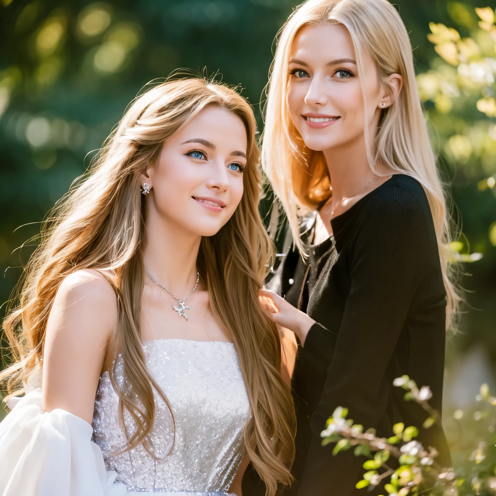 Realistische Princessin blonde Haare ,beautiful , blaue Augen,langes Haar, smile on face, volle  rote Lippen, braune Hautfarbe,Glitter white dress, kette Diamanten Krone,Schmuck , im Schloss