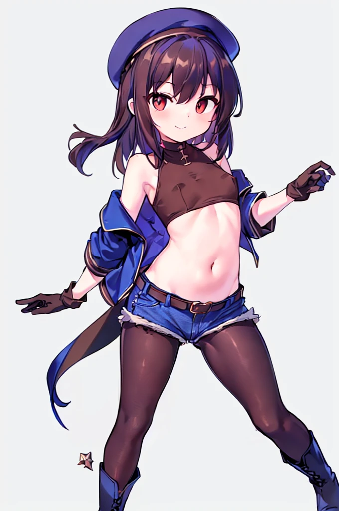 highest quality, extremely detailed, muste piece, 
(1 baby girl(full body figure):1.4), (small curvaceous loli(10 talents):1.3), (front facing pose), [belly fat:1.4], [muscular:1.4], (smirk1.1), (show teeth), 
(brown pantyhose(pantyhose up to navel):1.6), (Deep-rise folded denim shorts:1.3), (Beautiful folded shorts:1.3), 
(high neck innerwear(tight):1.6), (high neck innerwear(expose one&#39;s stomach:1.5)), (high neck innerwear(パンストand離れた:1.6)), 
(short sleeve jacketを着る:1.3), (short sleeve jacket(roll up sleeves):1.4), (mid blue long hair:1.5), (red eyes(Twinkling Eyes):1.3), (Slender stomach:1.4), cute legs, (puffy nipple:1.4), (small tits:1.4), 
(Long brown gloves that reach above the elbow:1.5)and(thimble rider gloves:1.2), (Simple belt-shaped black choker:1.3), (blue beret), 
(Cool boots that reach up to the calf:1.3),Serra, 