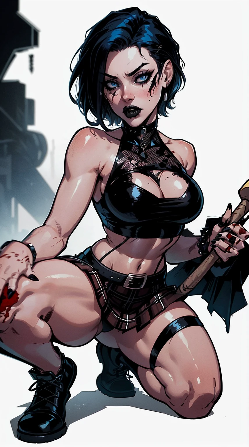 a woman with short black hair, hair on shoulders, wearing a black cropped and plaid skirt, blue eyes, zombie art, gothic art, cute aesthetic with vibe, toon aesthetic, wearing red costume, wearing gothic accessories, look like Cassie Hack, whole body,on his knees holding a baseball bat , on the skrulls, white background