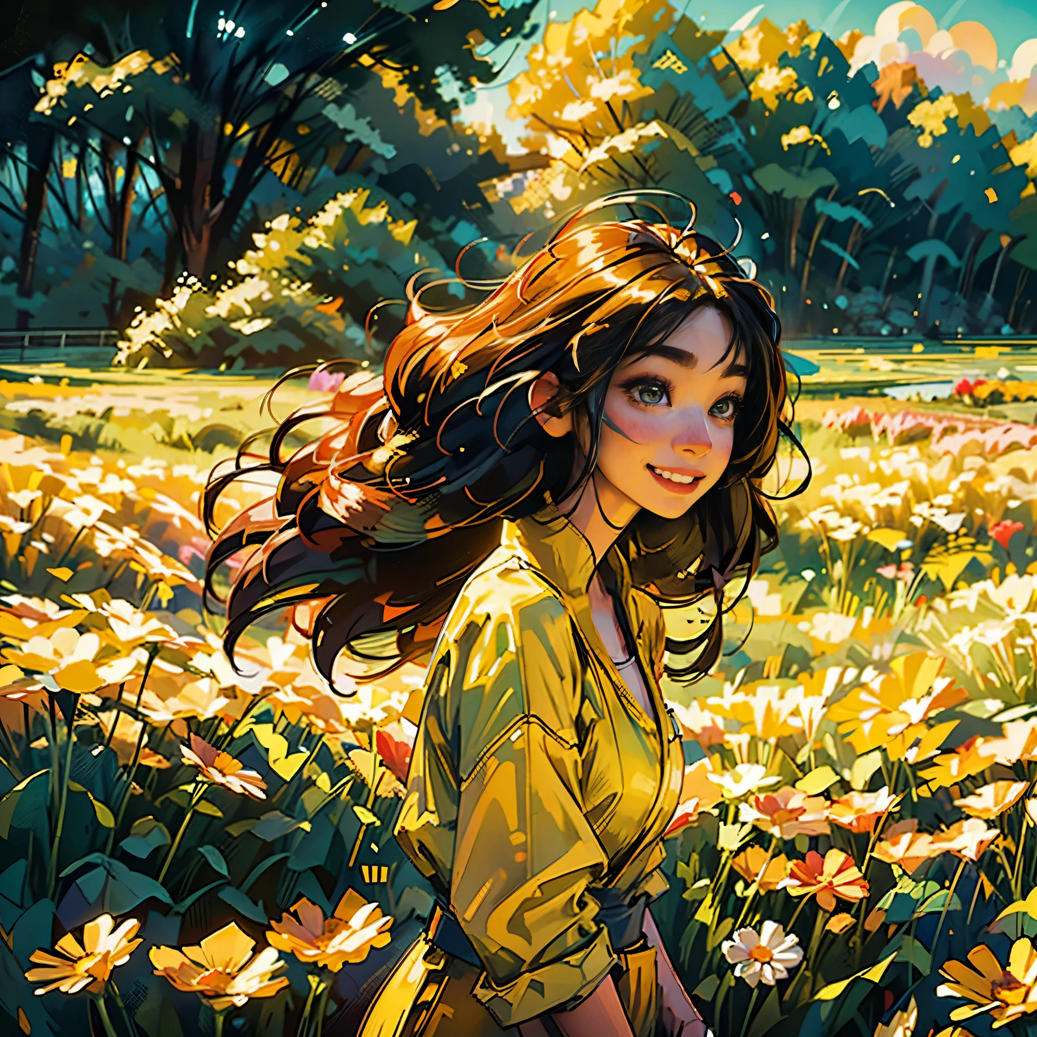shui001,Masterpiece: 1.2, best quality, 1girl, field of daisy, vibrant, (happy:1.4),colorful details,ultra detailed,detailed lighting,\(\(inspired by Hayao Miyazaki\)\),official art, wearing yellow jumpsuit with black stripes, big smile