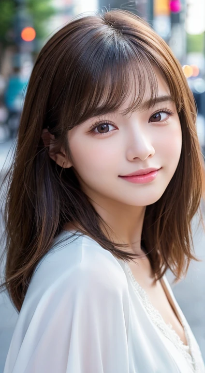 (highest quality,8K quality,masterpiece:1.3,),(Super high resolution:1.3,Photoreal:1.4,Raw photo:1.2),(super detailed:1.2,shiny skin,fine skin:1.1),(detailed face,perfect anatomy,caustics),1 girl,cute,Japanese,22 years old,japanese id,natural brown hair,shoulder length hair,cute目,natural makeup,laughter,look at the camera,up on the face,face focus,street corner,professional writing,natural soft light,front,flashy clothes
