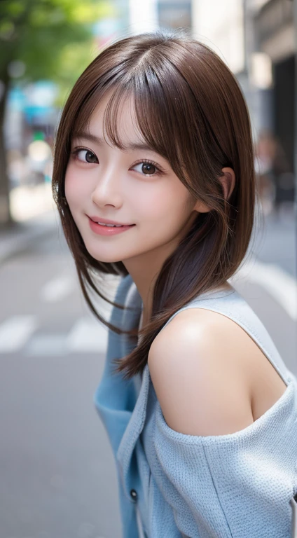 (highest quality,8K quality,masterpiece:1.3,),(Super high resolution:1.3,Photoreal:1.4,Raw photo:1.2),(super detailed:1.2,shiny skin,fine skin:1.1),(detailed face,perfect anatomy,caustics),1 girl,cute,Japanese,22 years old,japanese id,natural brown hair,shoulder length hair,cute目,natural makeup,laughter,look at the camera,up on the face,face focus,street corner,professional writing,natural soft light,front,flashy clothes
