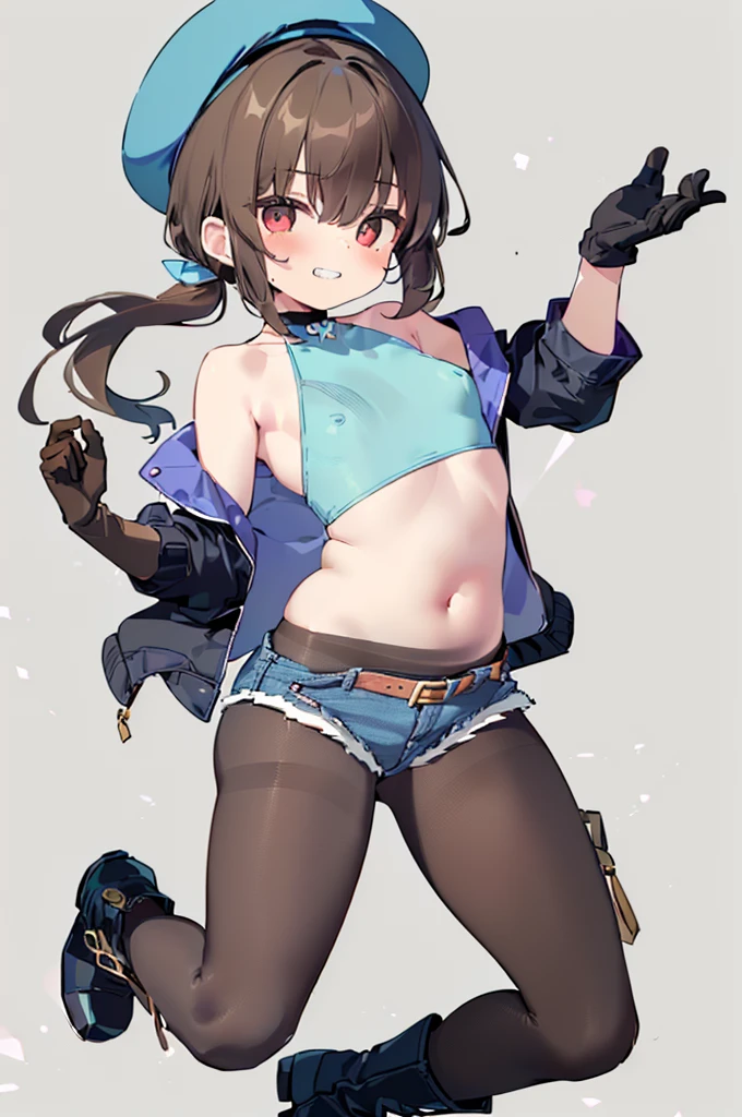 highest quality, extremely detailed, muste piece, 
(1 (full body figure):1.4), (small curvaceous loli(10 talents):1.3), (front facing pose), [belly fat:1.4], [muscular:1.4], (smirk1.1), (show teeth), 
(brown pantyhose(pantyhose up to navel):1.6), (Deep-rise folded denim shorts:1.3), (Beautiful folded shorts:1.3), 
(high neck innerwear(tight):1.6), (high neck innerwear(expose one&#39;s stomach:1.5)), (high neck innerwear(パンストand離れた:1.6)), 
(short sleeve jacketを着る:1.3), (short sleeve jacket(roll up sleeves):1.4), (mid blue long hair:1.5), (red eyes(Twinkling Eyes):1.3), (Slender stomach:1.4), cute legs, (puffy nipple:1.4), (small tits:1.4), 
(Long brown gloves that reach above the elbow:1.5)and(thimble rider gloves:1.2), (Simple belt-shaped black choker:1.3), (blue beret), 
(Cool boots that reach up to the calf:1.3),Serra, 