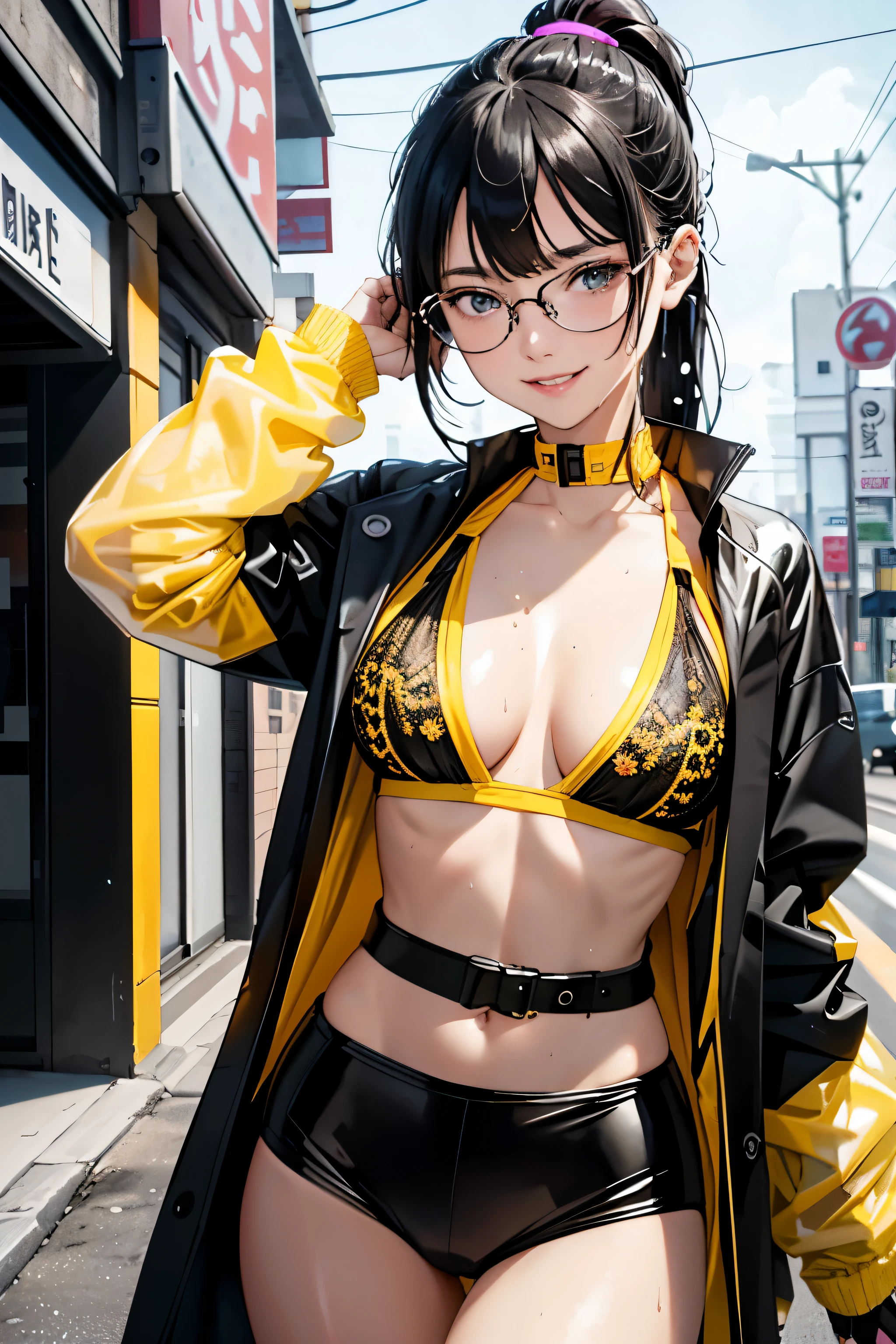 1 beautiful girl, , Highly detailed face, Long hair in a ponytail,, smooth, glasses, gaming headset, Smile mischievously, small breast, Thin waist, small hips, thighเล็ก, The abdomen has sexy lines.., thigh, body drenched
((See-through raincoat, (Yellow and black clothes))),(((Under the breast))),((Wet clothes)),
((walk)), center,scale to fit the dimensions,Third rule, view:1.25,
realistic, height, Sharp focus, (Very detailed, รายVery detailed), unity wallpaper 8k),((Synth Wave Background Theme)),(((bright colors))),(complex background),(Masterpiece),(best quality),