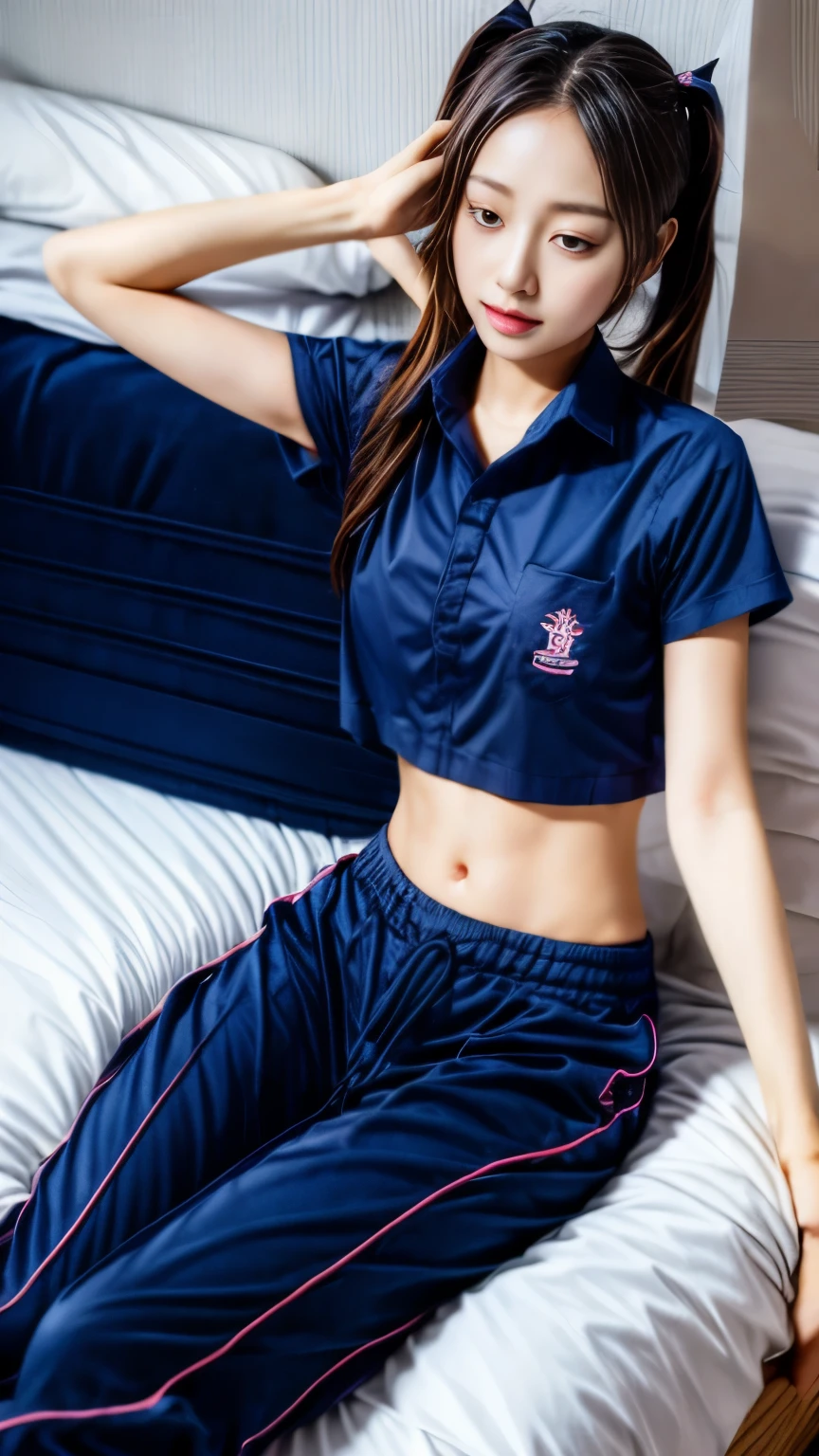 2 girls in the piano room, Navy blue short-sleeved shirt,Navy Long Trackpant,Sweatpants, Sweatpantsขายาว, lying on the bed., lesbian, coax, Sexual arousal, Realistic poses, exercise clothes