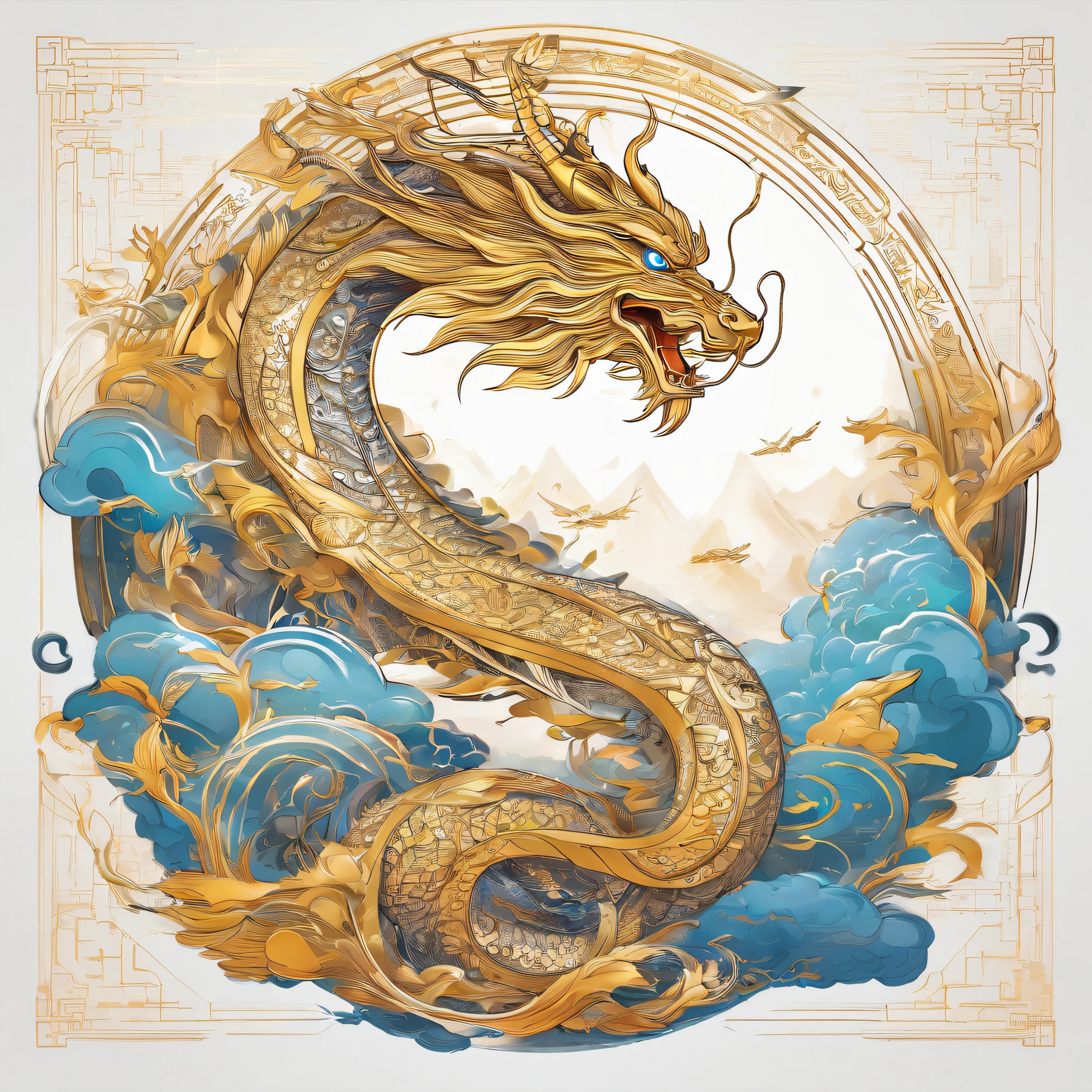 A flag、Masterpiece、(White background:1)、Golden Chinese dragon surrounded by white clouds、gods々halo、wind、gods、long wavy body、fangs、upper part of body、fantasy、myth、high quality、Very detailed、Masterpiece、epic、particle effects、dynamic effect