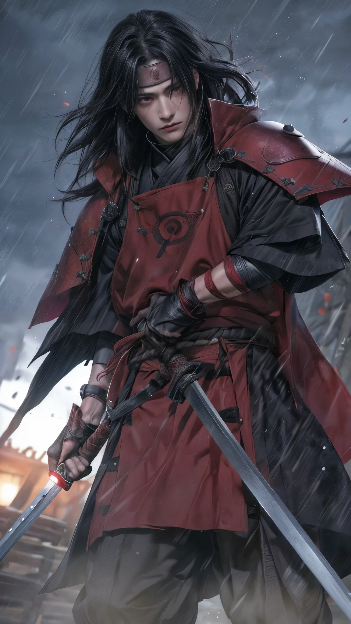 Uchiha Madara red eyes with full zirah armor and sword in hand standing in the rain, inspired by Kanō Sanraku, inspired by Kanō Hōgai, samurai man vagabond, itachi uchiha, itatchi uchiha, inspired by Tōshūsai Sharaku, akatsuki akira, urban samurai, from kenshin, madara uchiha extreme realistic