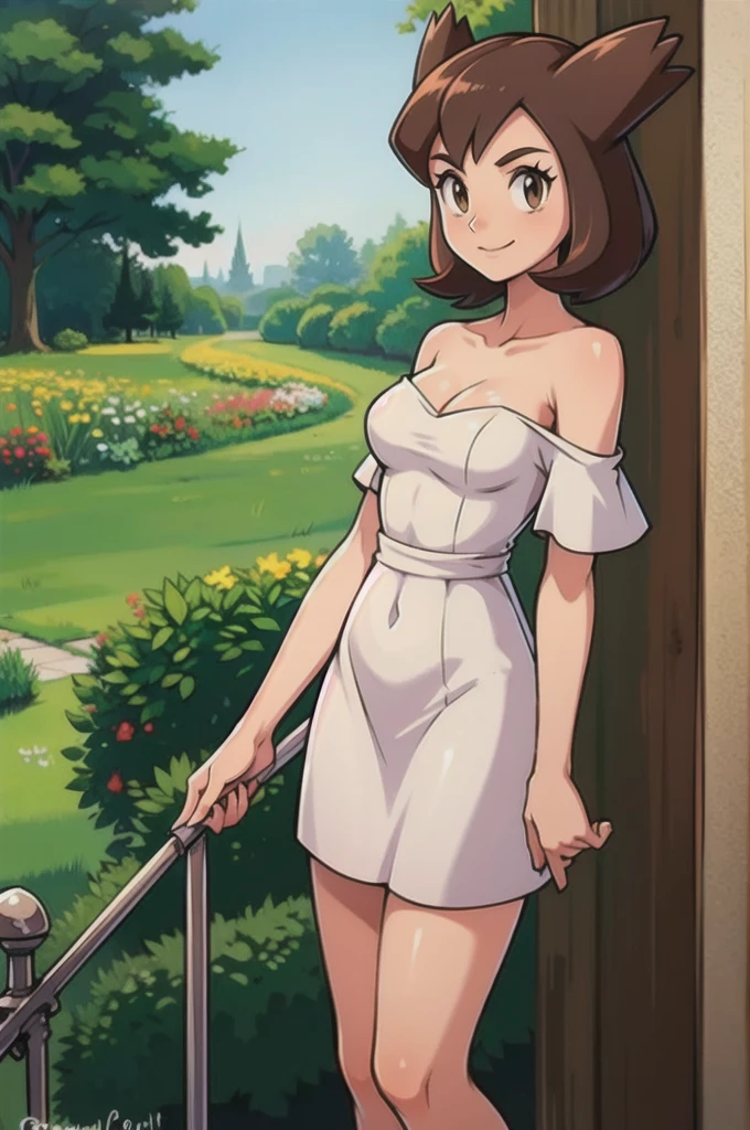 Bianca (pokemon heroes), 1 girl, brown hair, brown eyes, Bare Neck, Bare Arms, Bare Shoulders, White Dress, Strapless White Dress, Lace Off-shoulder top, Ruffle Off-the-Shoulder Top, Long Skirt, Garden Background, light smile, intricate details, sharp focus, high resolution, standing up