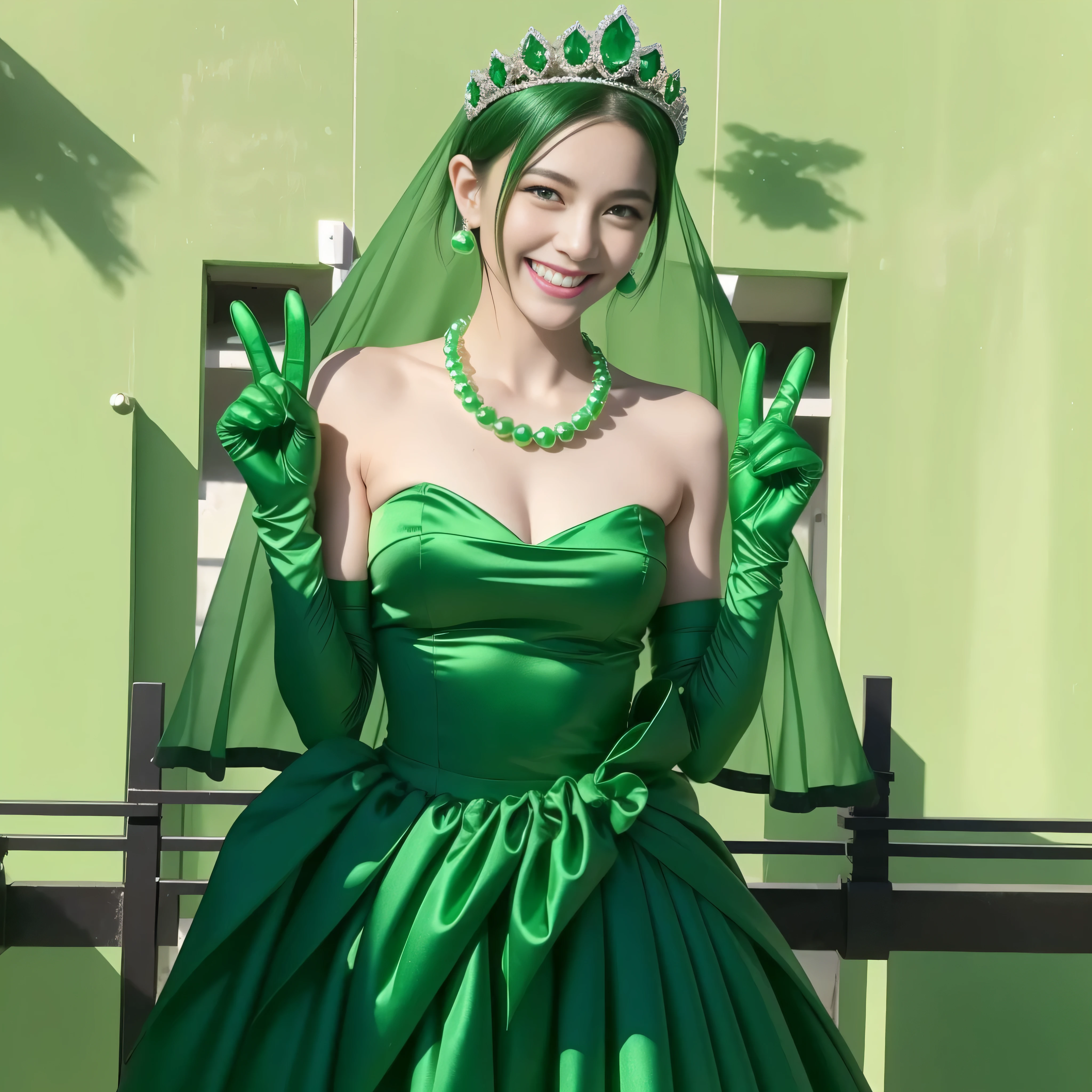 emerald tiara, Green Pearl Necklace, Boyish very short green hair, lipstick, Japan woman smiling, very short short hair, big breasts beautiful, green eyes, Long green gloves made of satin material, green eyes, v sign, Emerald Earrings, green vale, 緑の髪
