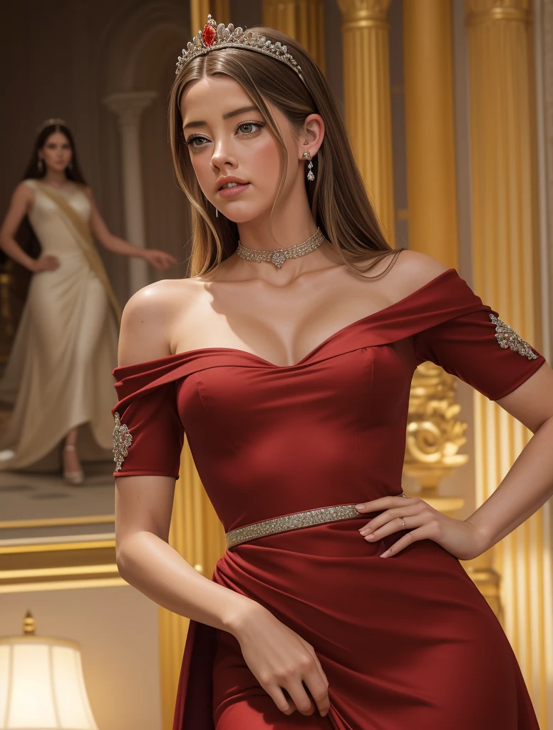 ((retrato, de CUERPO COMPLETO)),(Mejor calidad,4k,8k,high resolution,obra maestra:1.2),ultra detallado,(Realista,photoRealista,photo-Realista:1.37),(1 chica),(28years),(((AMBER HEARD:1.2))),(((excella_er5:1.2))),(Sharp focus:1.5),piel de perla,(poros de la piel:1.1),extremely detailed face and textura de la piel,(textura de la piel:1.1),pelo RUBIO,cuerpo alto y esbelto,(192 cm de altura),figura delgada y delicada,Postura elegante,Strong, defined muscles,Piel perfecta,abdominales definidos,curvas perfectas,apariencia femenina,Hermosas piernas largas,encarnando elegancia y belleza,pechos de escote,((Vistiendo un (ROJO) VESTIDO), (VESTIDO DE PRINCESA)),(VESTIDO LARGO CORTE PRINCESA CON ENCAJE), (VESTIDO ELEGANTE), (CUBIERTA HOMBROS DESCUBIERTOS COLA CORTE GASA ENCAJE),Colores vibrantes,extremely detailed and Realista clothes,(vistoso),(film grain:1.3),retrato,hermosos ojos detallados,hermosos labios detallados,corona con joyas,elegante collar con diamantes,cabello rizado que fluye,royal vestido with intricate patterns,peaceful expression,Soft lighting,colores sutiles,PALACIO REAL de fondo,ELEGANTE TRONO,SCORTS,suave brisa.