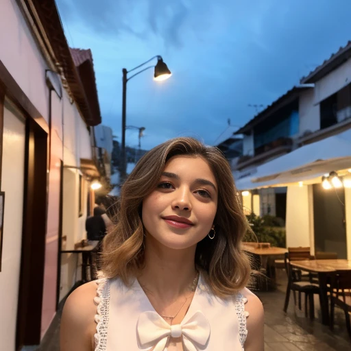(8k, melhor qualidade, obra de arte:1.2), (realista, photo-realista:1.37), ultra-detalhado, 1 garota, Bonitinho, Sozinho, beautiful detailed sky, detailed café, noite, sentado, namorando, (nariz corado), (sorriso:1.15), (boca fechada) seios pequenos, lindos olhos detalhados, (camisa de colarinho:1.1), noite, molhado, business attire, chuva, white bow, (cabelo curto:1.2), cabelo flutuante NovaFrogStyle, topless,