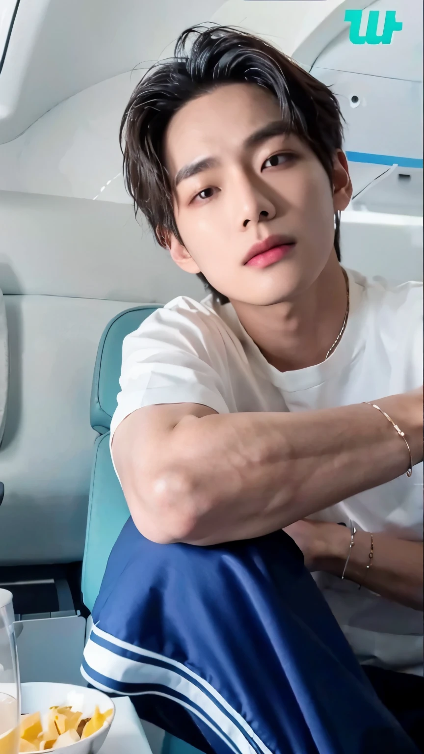 there is a man that is sitting down with a cell phone, Shinji, Marcos Lee, hyung tae, Kim Doyoung, inspirado em jeonseok lee, Hong junho hyung, adorable and pale korean face, taejune kim, lindo chad queixo, inspirado em Kim Myeong-guk, Shin Jeongho, Jimin\the right eyelid is swollenKim taehyung, rosto grande, 30 anos, barba pequena, bravo, chateado