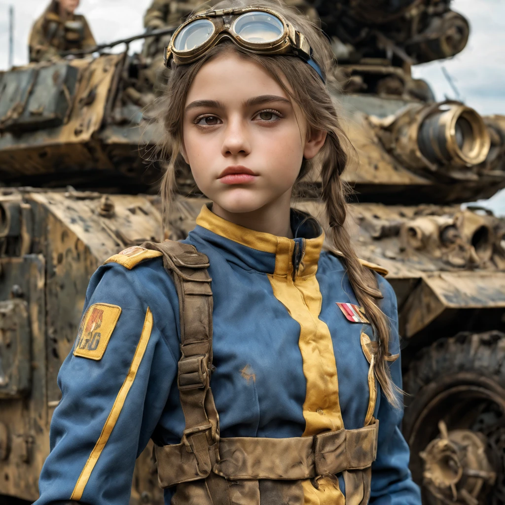 3 girls, 13 years old perfect likeness of SandraOv4 wearing blue and gold vaultgirl. Goggles on one girl, clothing torn, girls clothes and faces are dirty from battle. All girls petite and slim, small girls, short girls, fine detailed eyes, weapons slung over shoulders, leaning against a war vehicle, dented and rusty. , professionally color graded, professional photography, well drawn, masterpiece, hyper realistic, ultra detailed, high quality, best quality, 4k, 8k, hi resolution, very young girl, young face, cute, beautiful, ((NSFW、realistic)), 