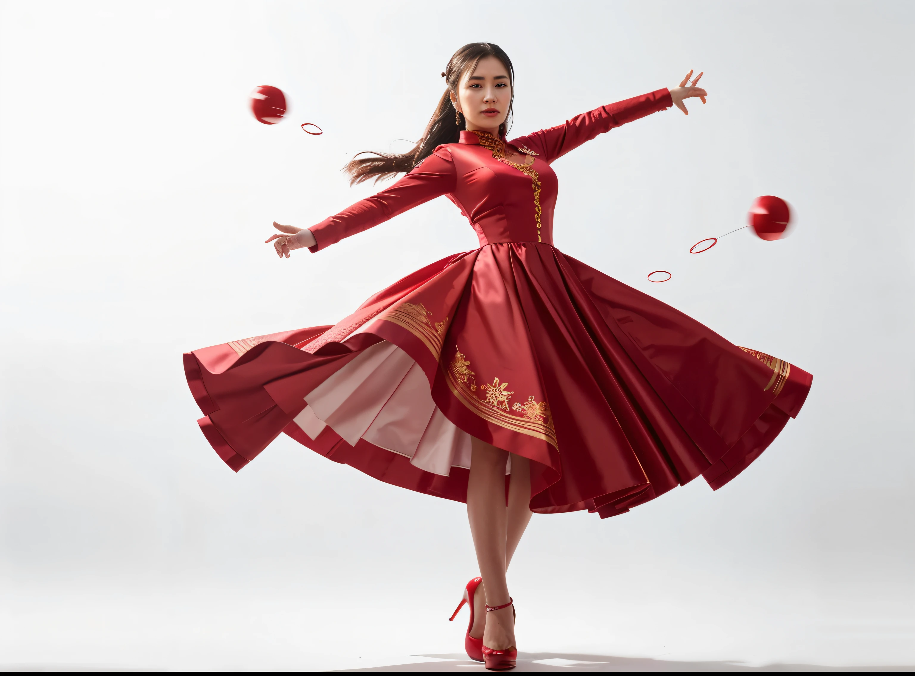 Uighur girl spinning in red dress,Gorgeously dressed,whole body