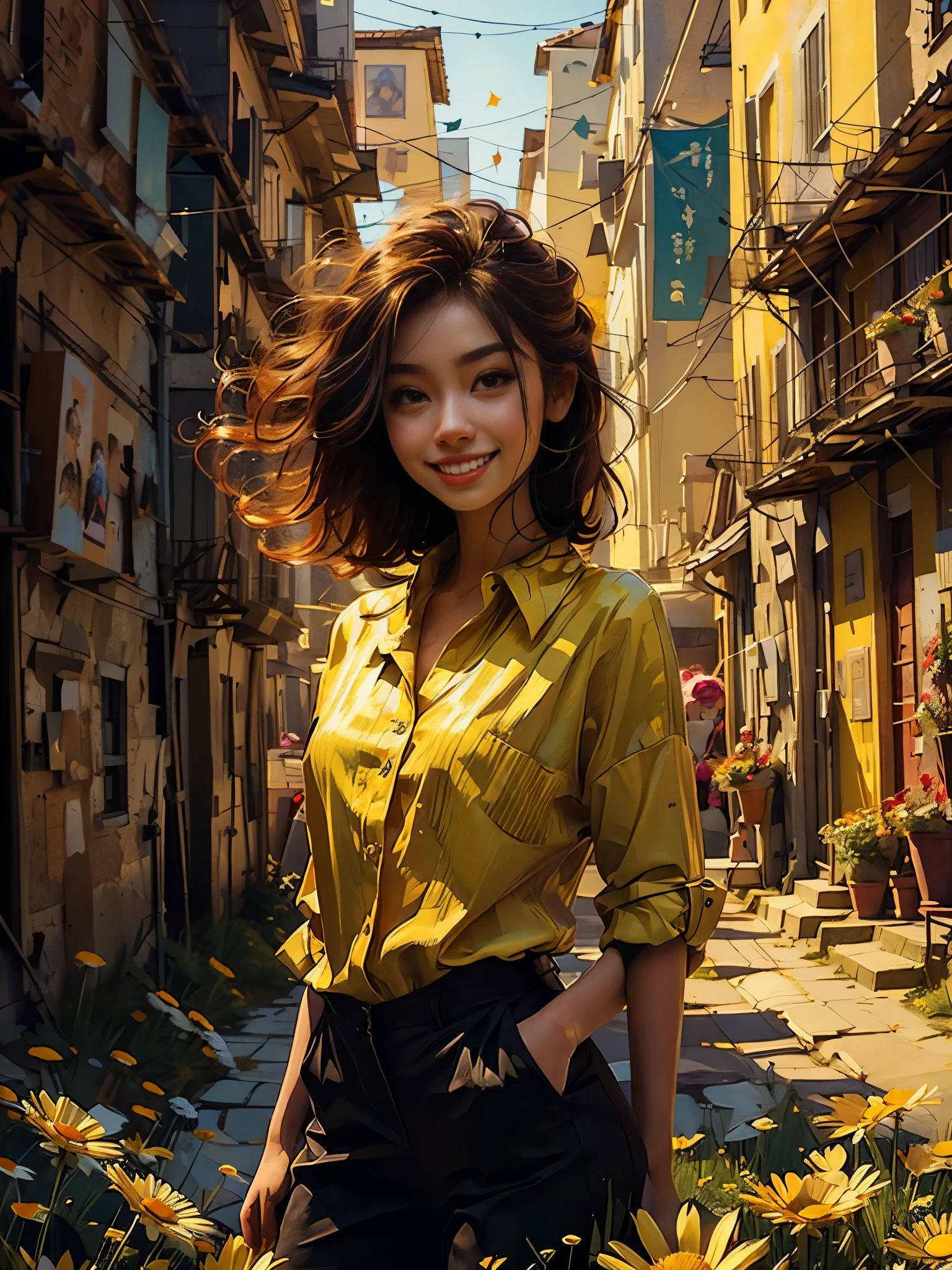 full body photo ,Masterpiece: 1.2, best quality, 1girl, field of daisy, vibrant, (happy:1.4),colorful details,ultra detailed,detailed lighting,\(\(inspired by Hayao Miyazaki\)\),official art, wearing yellow jumpsuit with black stripes, big smile