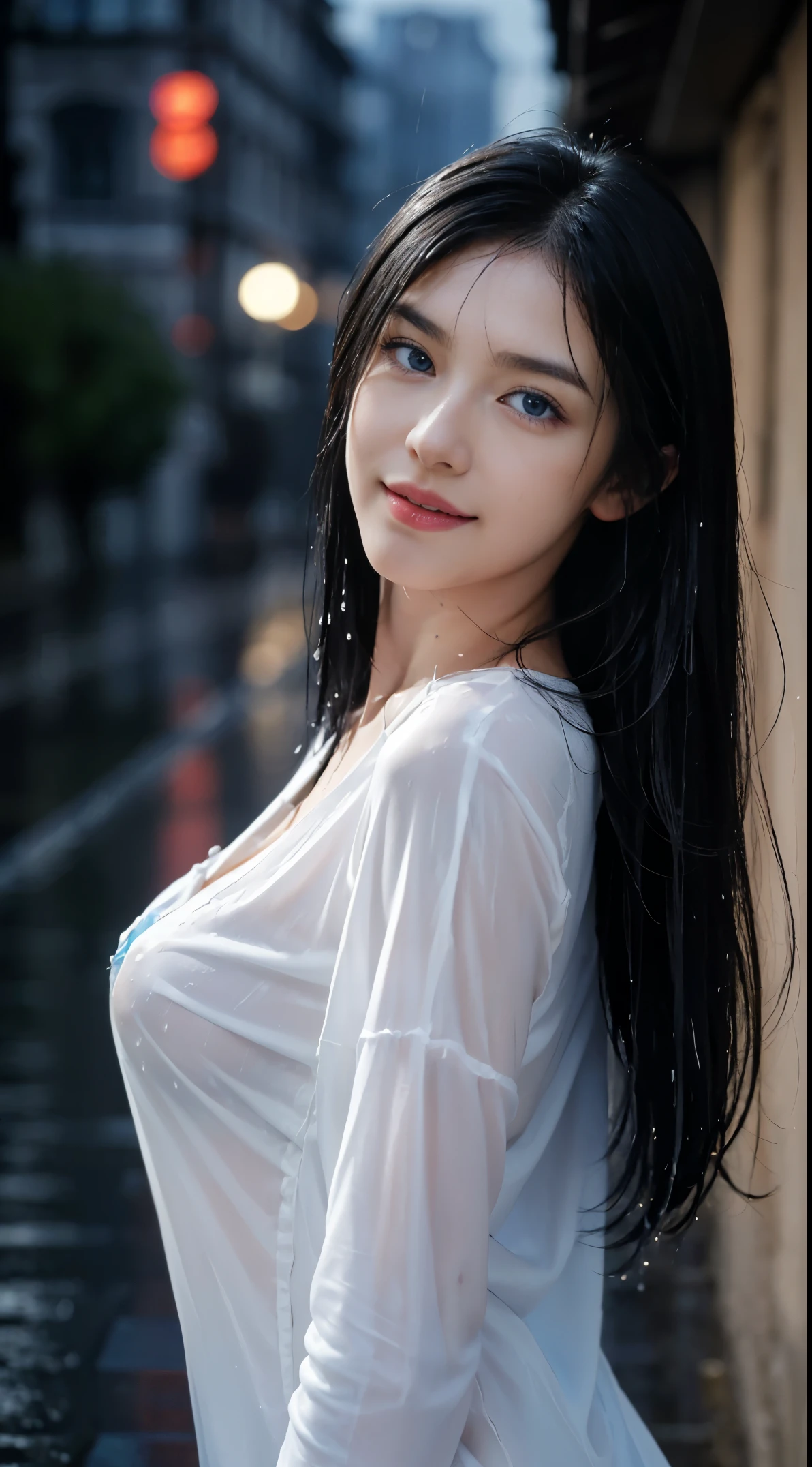8K, Top Quality, Intricate Details, Ultra Detail, Ultra High Resolution, Masterpiece, random angle, Slender, Smile, (Makeup: 0.4), (Fluffy Blue Eyes: 1.21), blue Eyes, looking at viewer, ((full body)), 1girl, solo, 1 girl, (( full body)), close up shot, , ((tall)), (((fit body))), (((slim face))), sharp face, sharp eyes, (((black hair, long hair, )) (detailed face), sharp face, small lips, (((open Wet Long Shirt showing the naked bust, Rain, Street, Wet Body))), detailed face, detailed breast, , large breast, detail ass, , Beautiful girl with accentuated slender abs: 1.4, Six Pack Abs: 1.4, Bust Botox, Big, Perfect Body, detail leg, (( moonlight)), street