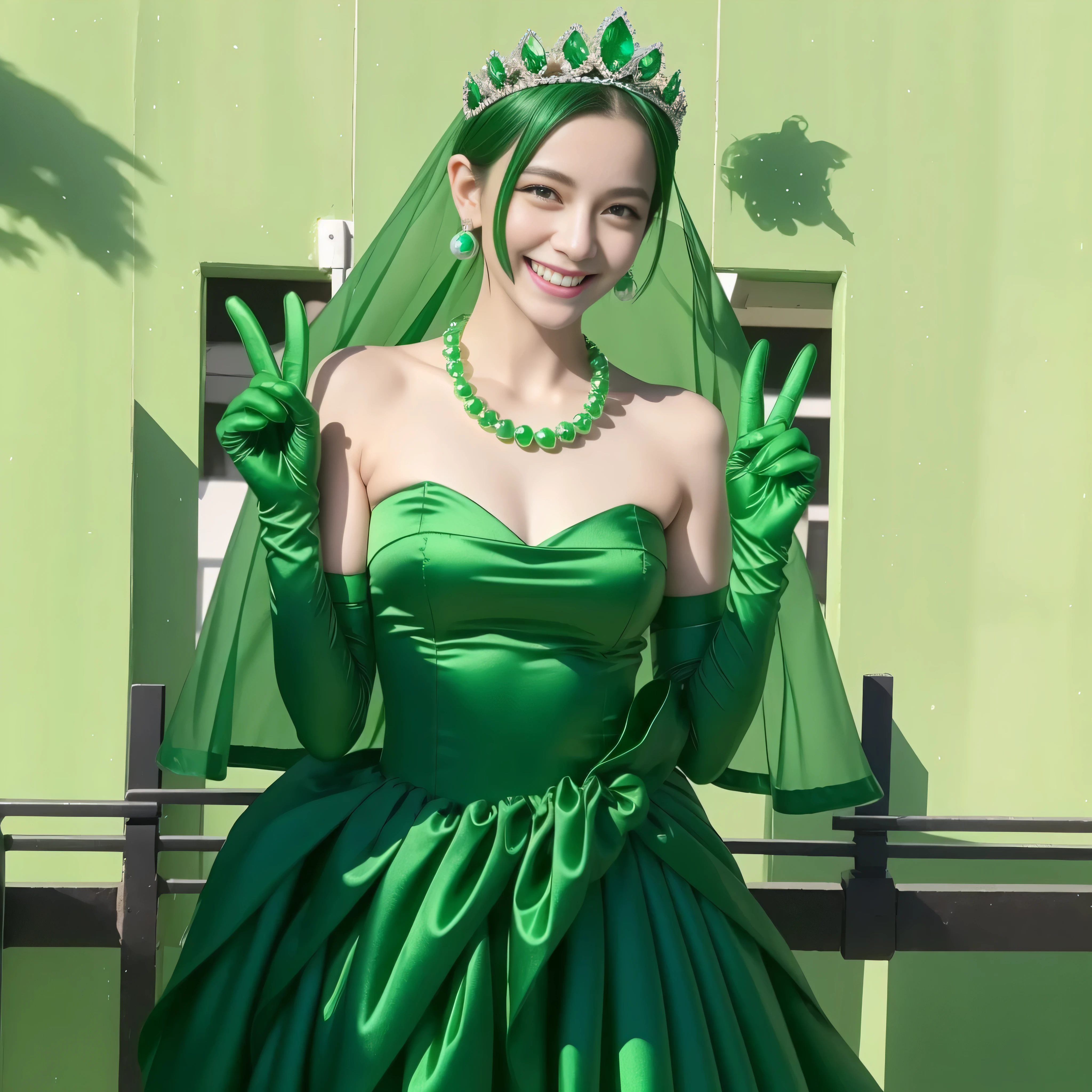 emerald tiara, Green Pearl Necklace, Boyish very short green hair, lipstick, Japan woman smiling, very short short hair, big breasts beautiful, green eyes, Long green gloves made of satin material, green eyes, v sign, Emerald Earrings, green vale, 緑の髪
